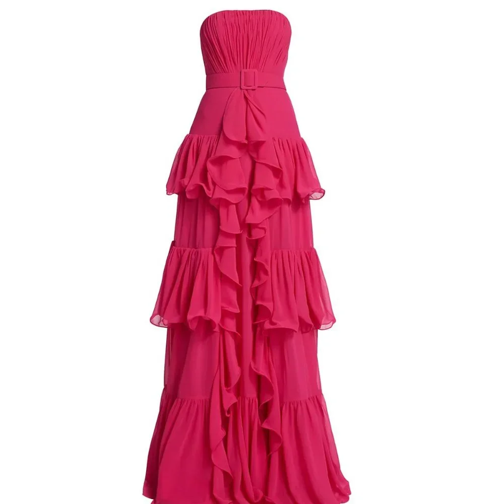 Badgley Mischka Strapless Tiered Ruffle Gown - Pink/Fuschia Size 8 - Picture 4 of 5